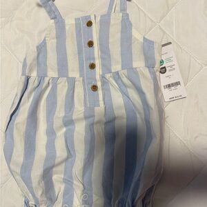 Blue and White Striped Baby Romper with Buttons 3mo